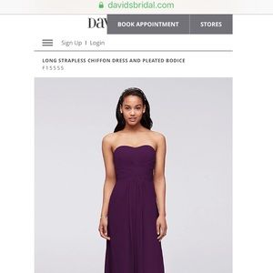 Plum, long strapless chiffon dress, pleated bodice